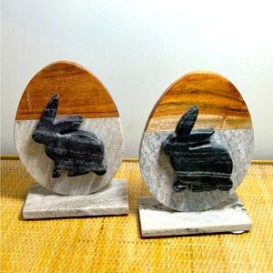 Marble & wood rabbit MCM book ends in new condition!